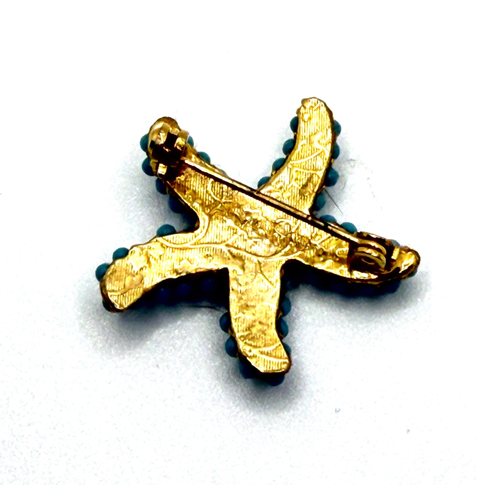 Vintage Gold Tone Turquoise Blue Beaded Starfish Novelty Brooch Pin