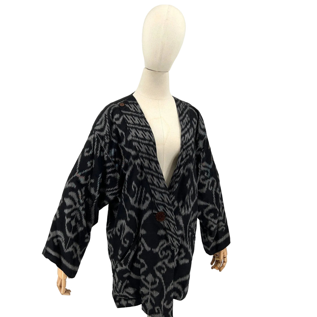 Vintage 90s Nadya Black Gray Ikat Reversible Asymmetrical Jacket
