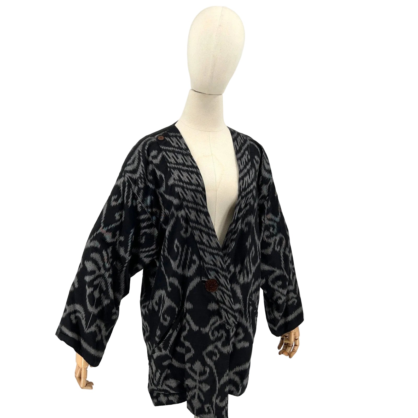 Vintage 90s Nadya Black Gray Ikat Reversible Asymmetrical Jacket