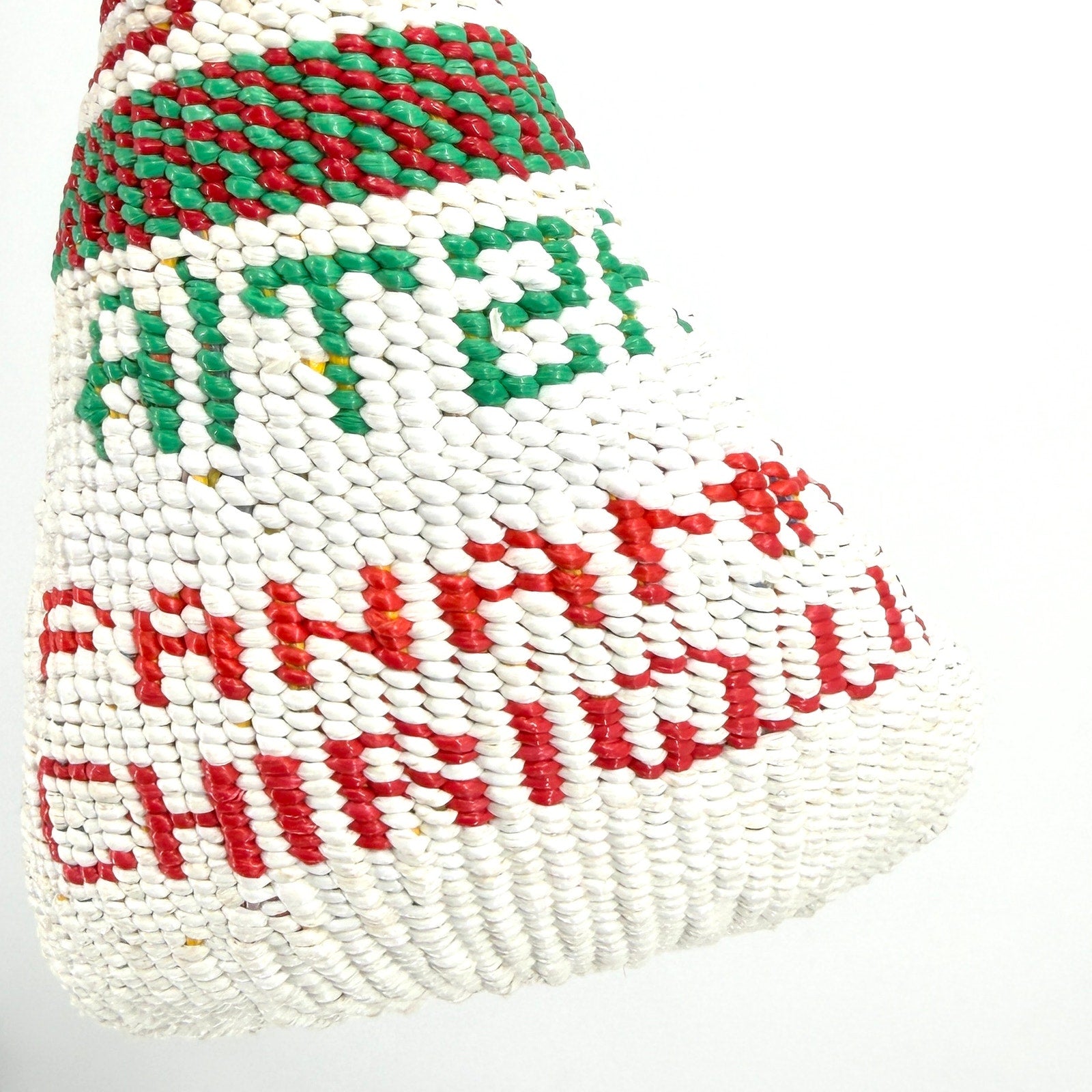 Vintage 70s Handmade Plastic Woven Panama Pom Pom Handbag