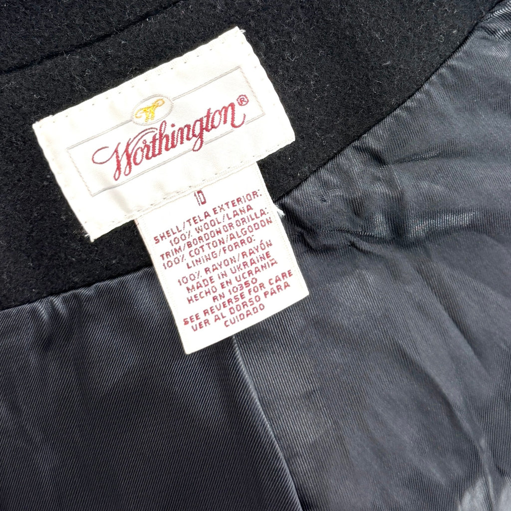 Vintage 90s Worthington Black Wool Velvet Trim Swing Coat