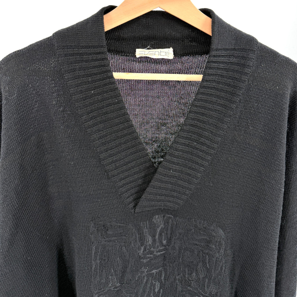 Vintage 90s Eventi Black 100% Wool Textured V-Neck Pullover Sweater