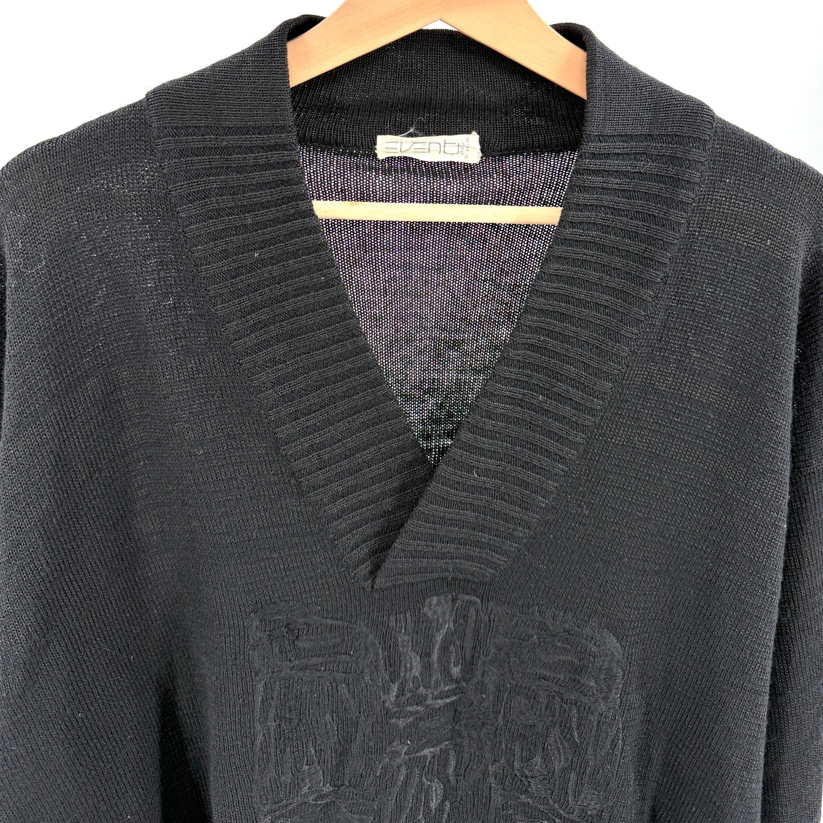 Vintage 90s Eventi Black 100% Wool Textured V-Neck Pullover Sweater