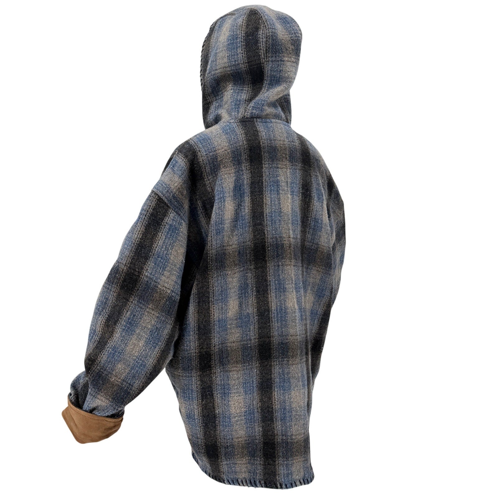 Vintage 90s Free Country Blue Gray Plaid Hooded Blanket Jacket