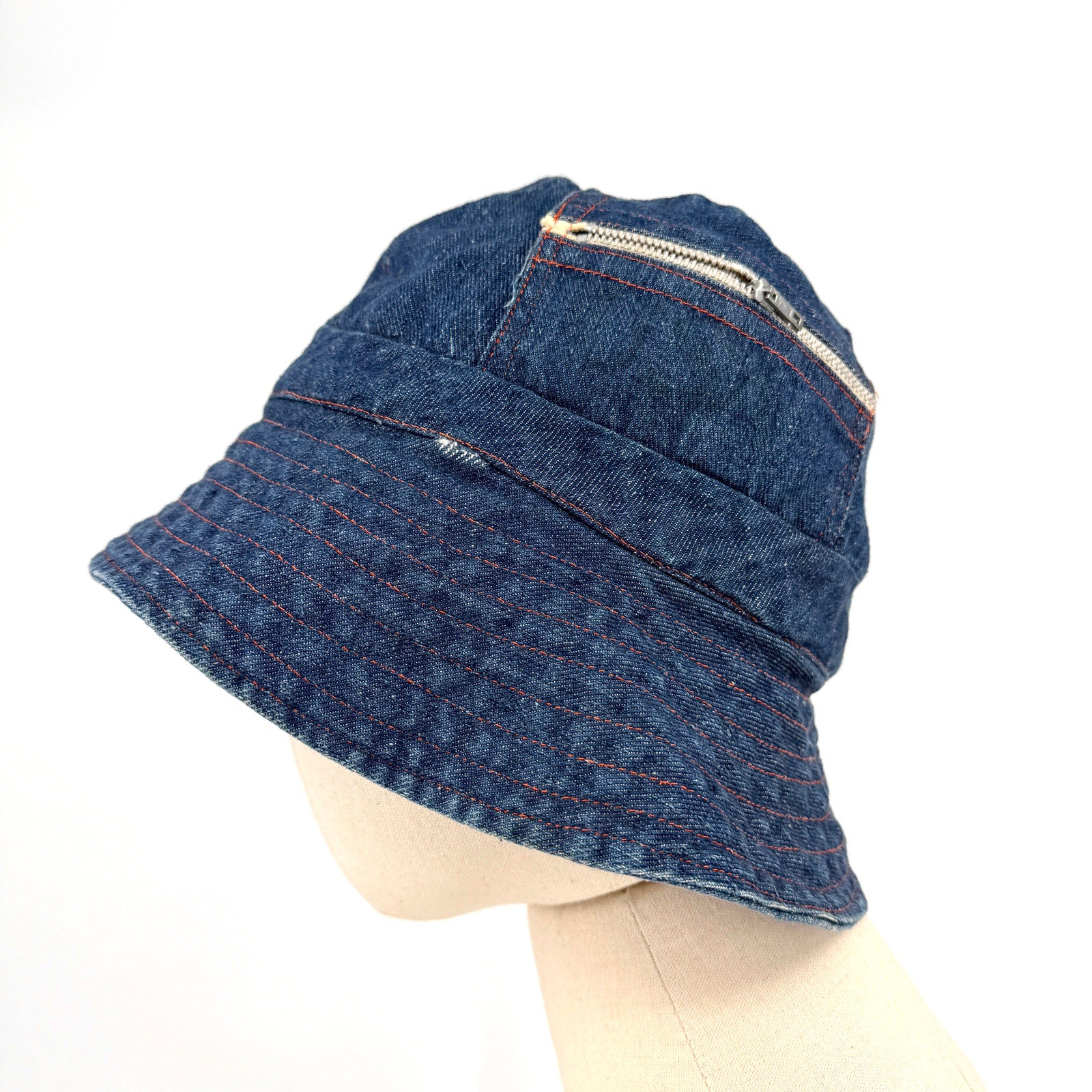 Vintage 70s Handmade Blue Denim Steel Zipper Utility Bucket Hat