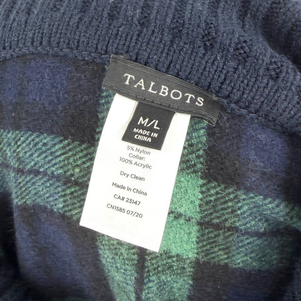 Talbots Navy Green Black Watch Plaid Fringe Turtleneck Poncho