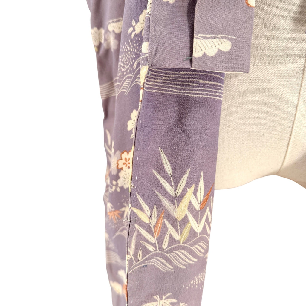 Vintage 50s Showa Era Purple 100% Silk Floral Nagajuban Loungewear Kimono Robe