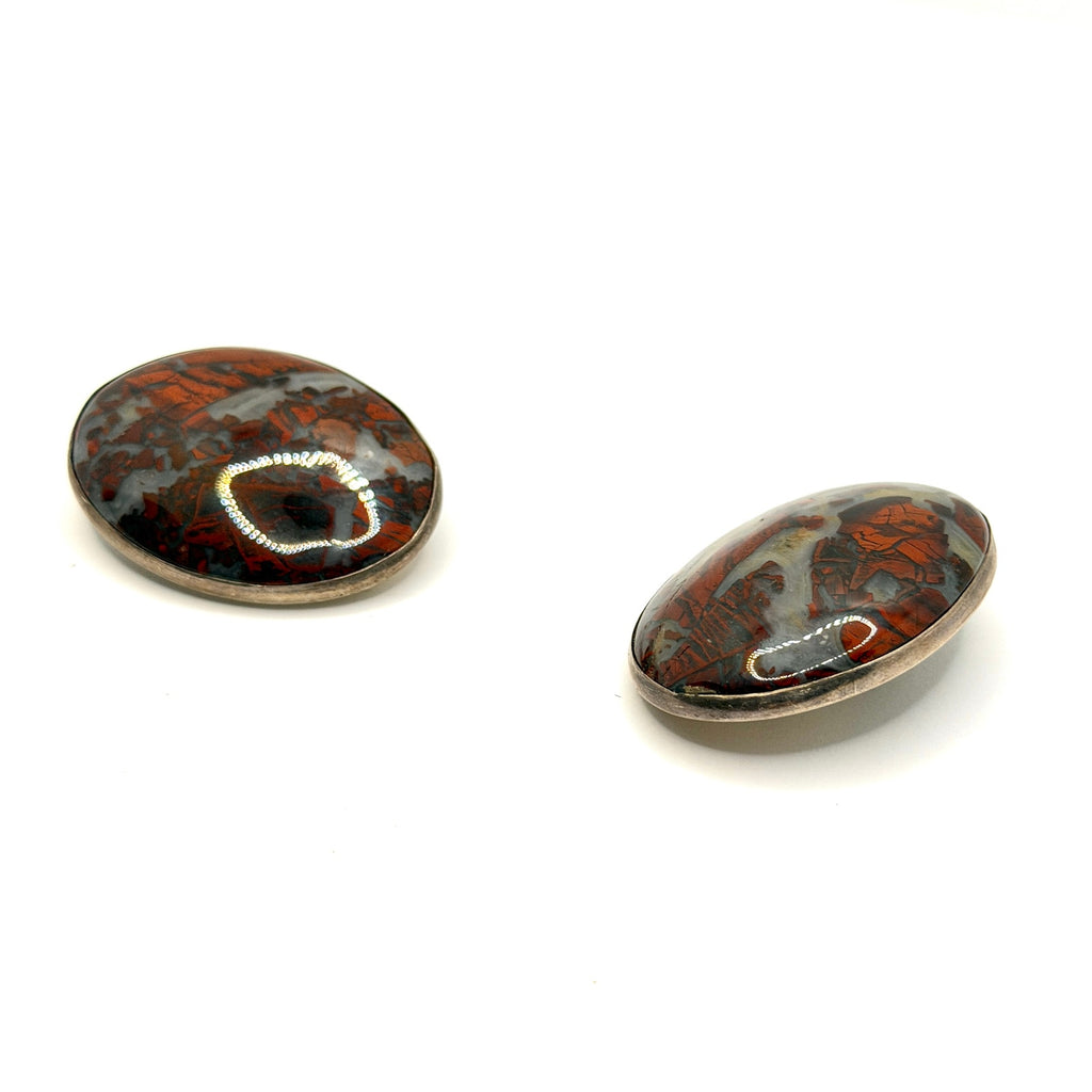 Vintage 90s Sterling Silver Red Jasper Oval Artist Signed Clip On Earrings