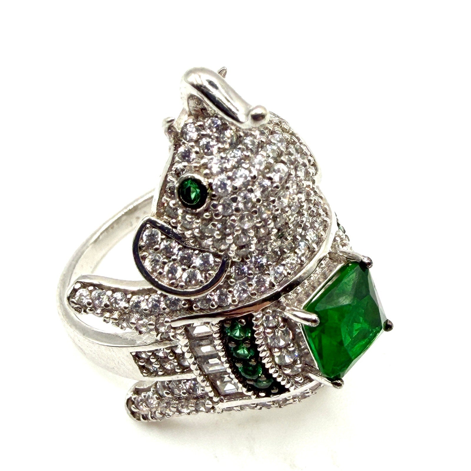 Green Sterling Silver Cubic Zirconia Pave Elephant Statement Ring
