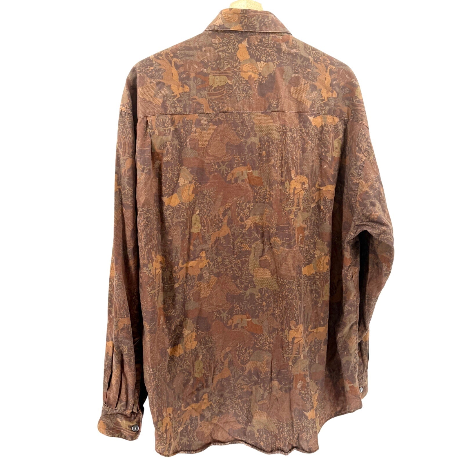 Vintage 90s Metropolitan View Brown 100% Cotton Medieval Pastoral Print Shirt