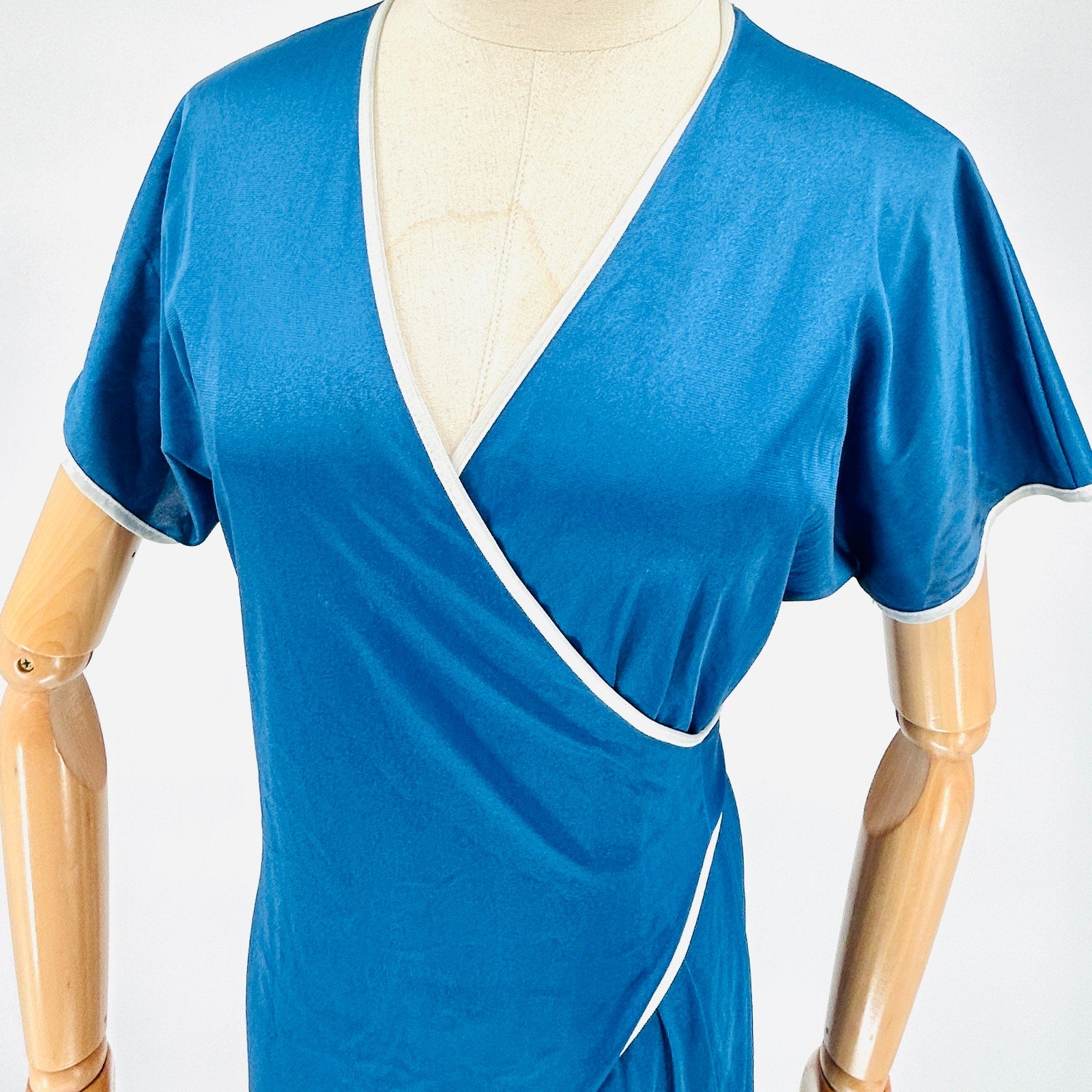 Vintage 80s Blue Nylon White Trim Wrap Retro Jumpsuit