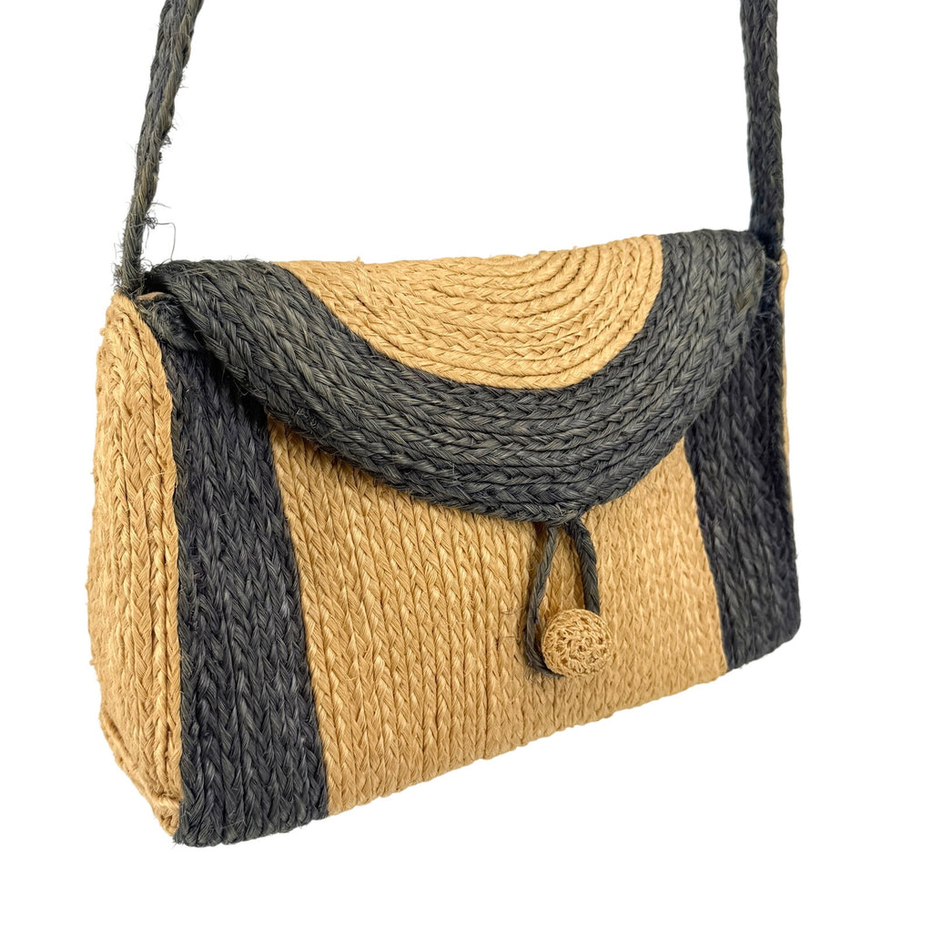 Vintage 80s Tan Blue Woven Straw Stripe Flap Shoulder Bag Purse
