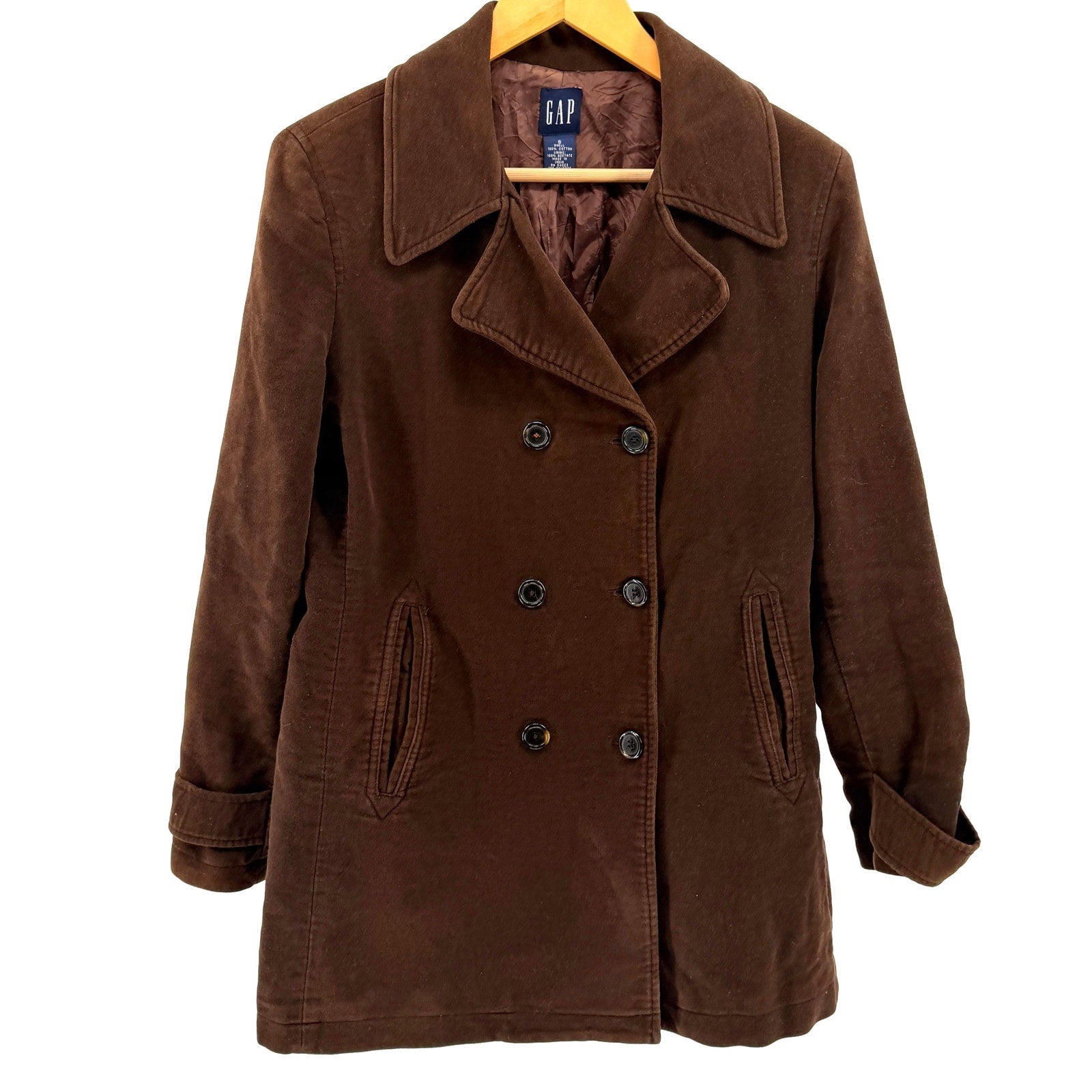 Vintage 90s Gap Brown 100% Cotton Velvet Double Breasted Peacoat