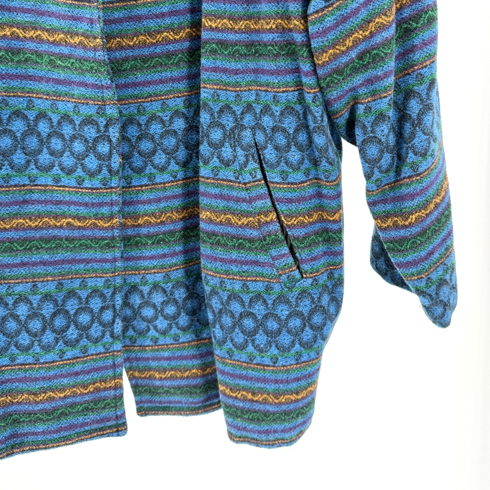 Vintage 90s T&C Surf Designs Blue Wool Cotton Tribal Open Front Jacket