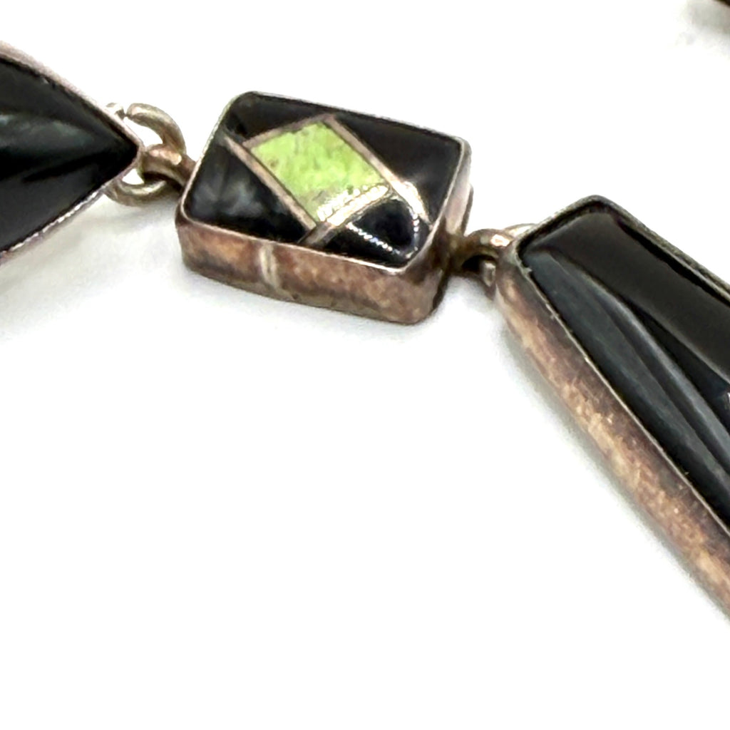 Vintage 90s Sterling Silver Black Onyx Green Gaspeite Inlay Drop Earrings