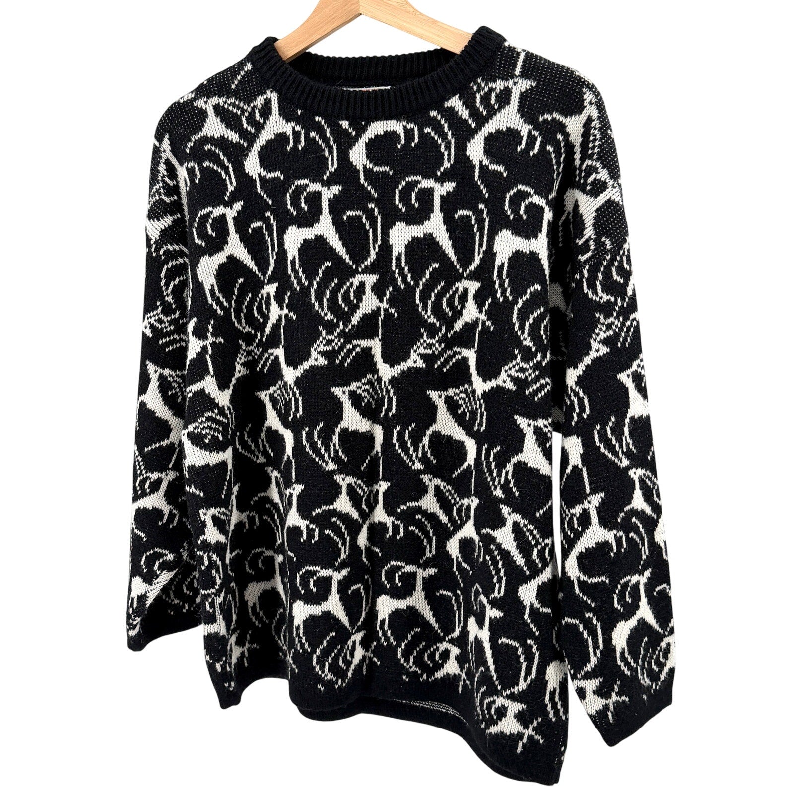 Vintage 80s Benetton Black White 100% Wool Reindeer Motif Crew Neck Sweater