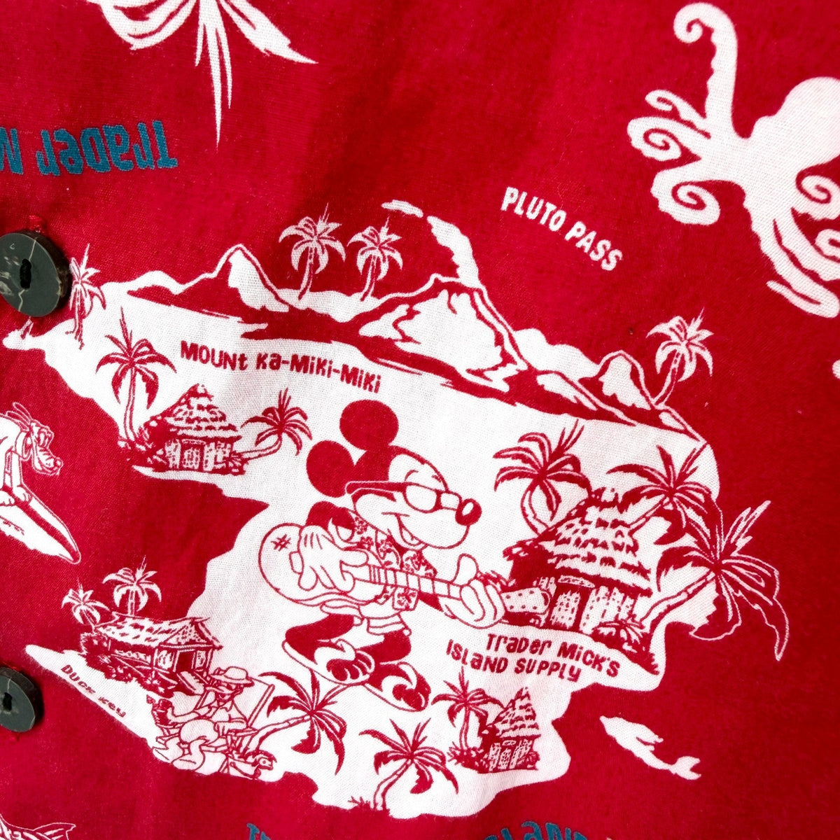 Vintage 90s Walt Disney World Trader Mick's Surf Gear Red Mickey Aloha Shirt