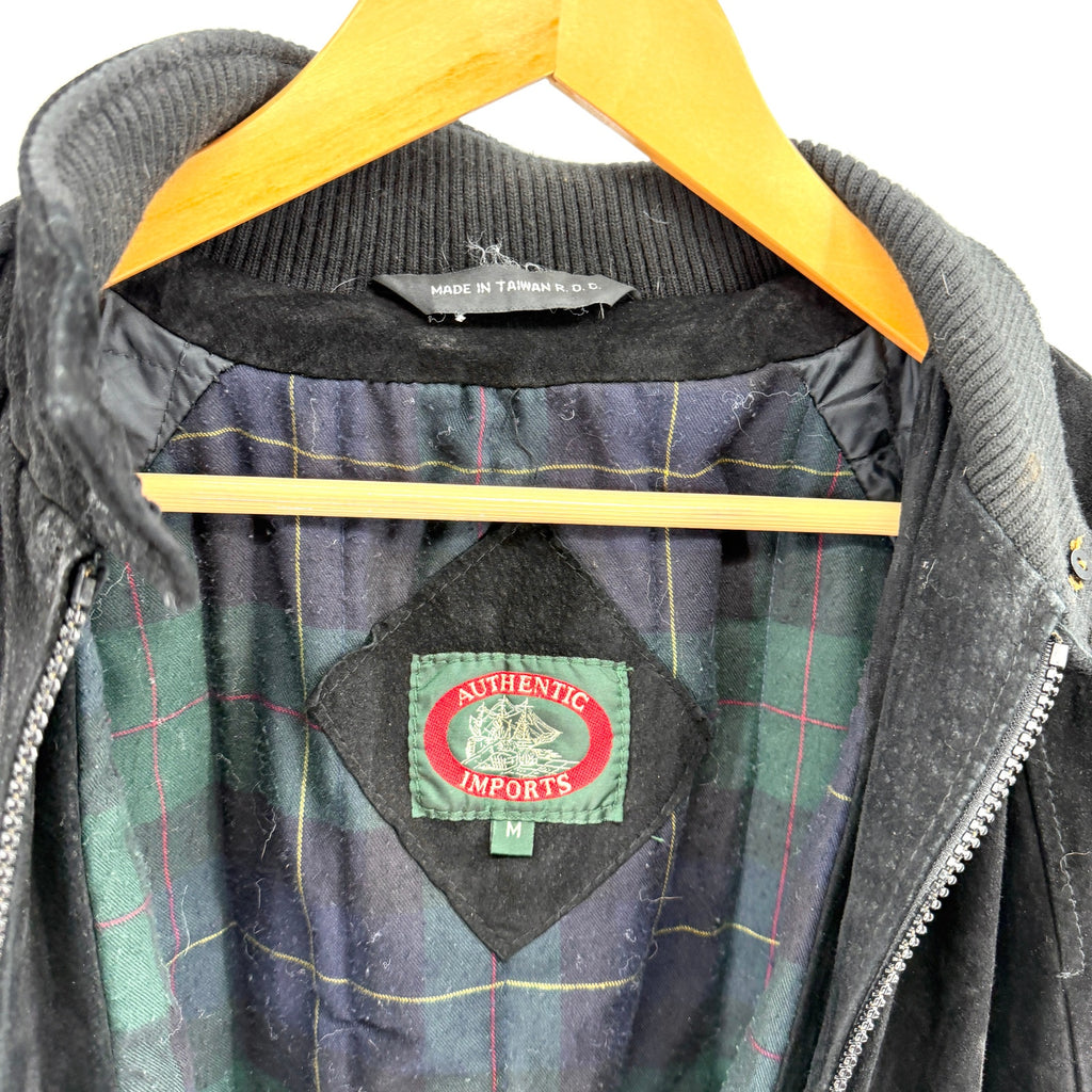 Vintage 80s Authentic Imports Genuine Leather Black Suede Preppy Bomber Jacket
