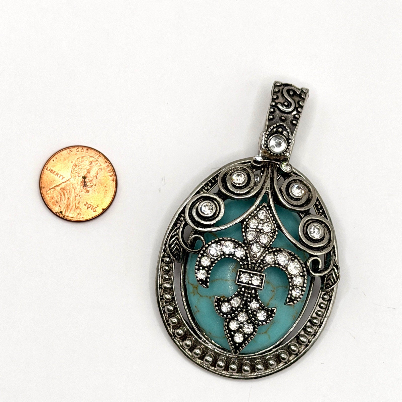 Vintage Y2K Fleur de Lis Turquoise Rhinestone Magnetic Enhancer Pendant