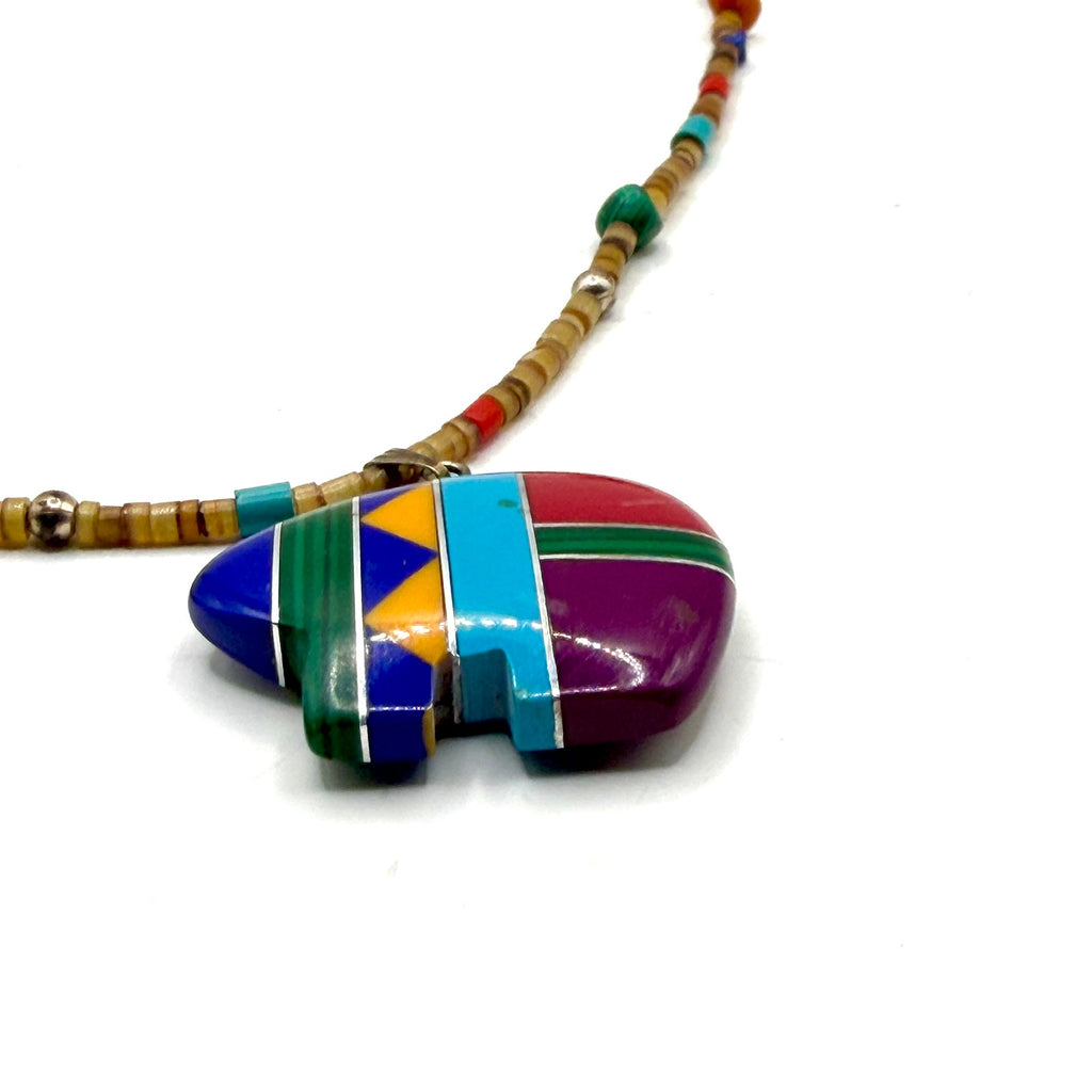 Vintage 90s Multi Stone Inlay Zuni Bear Heishe Fetish Strand Pendant Necklace