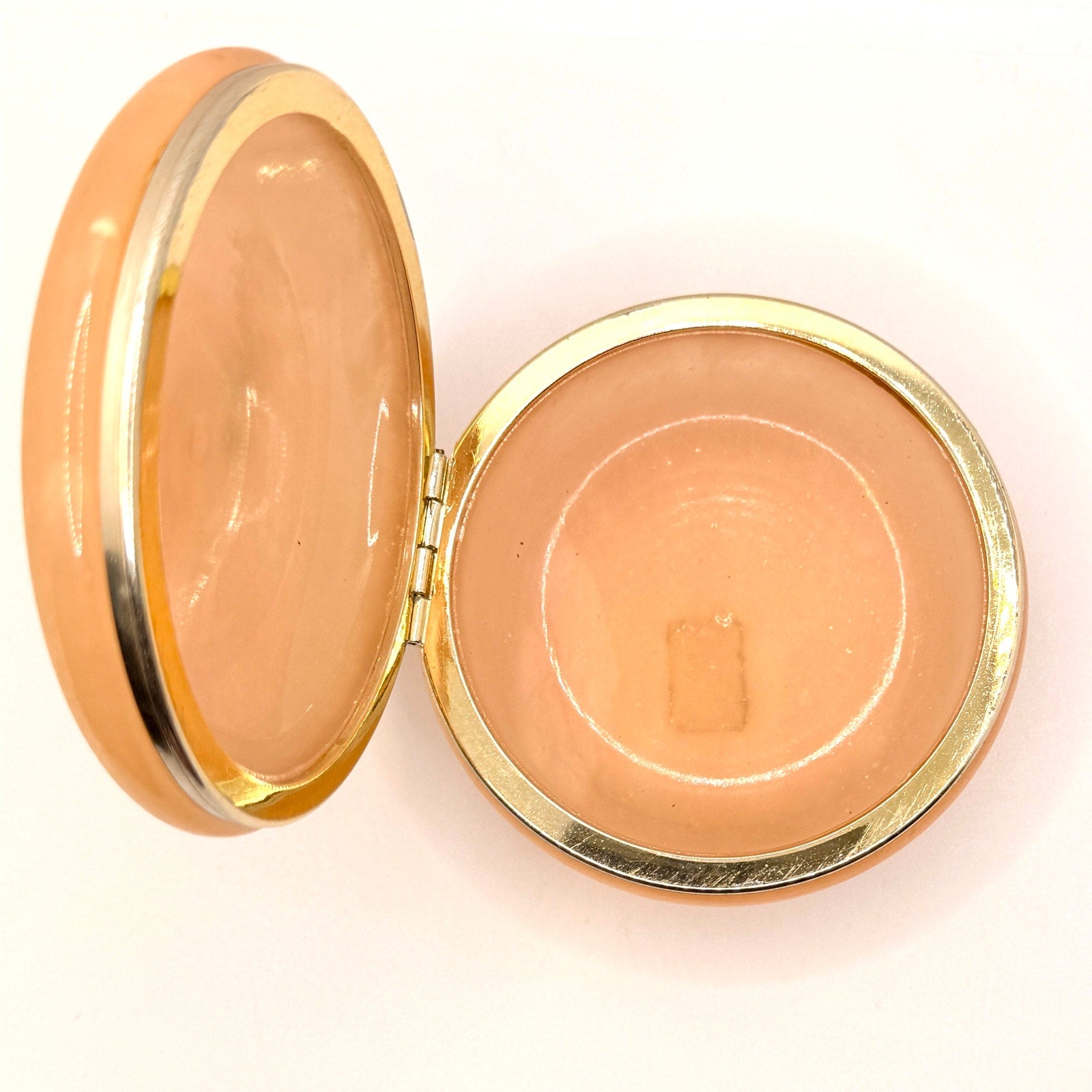 Vintage 70s Italian Hand Carved Peach Alabaster Hand Painted Round Trinket Box