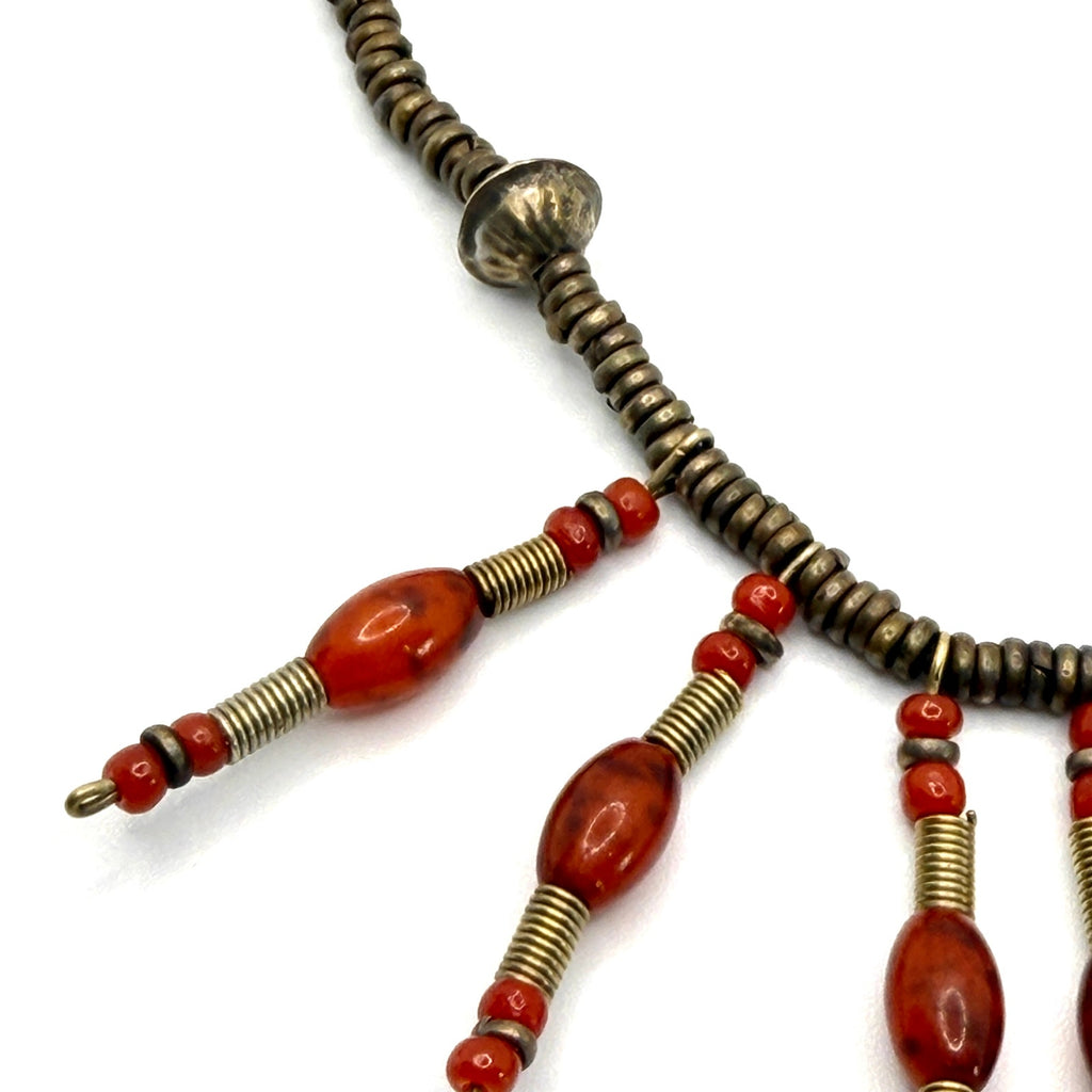 Vintage Afrobohemian Brass Orange Glass Fringed Tribal Drop Necklace