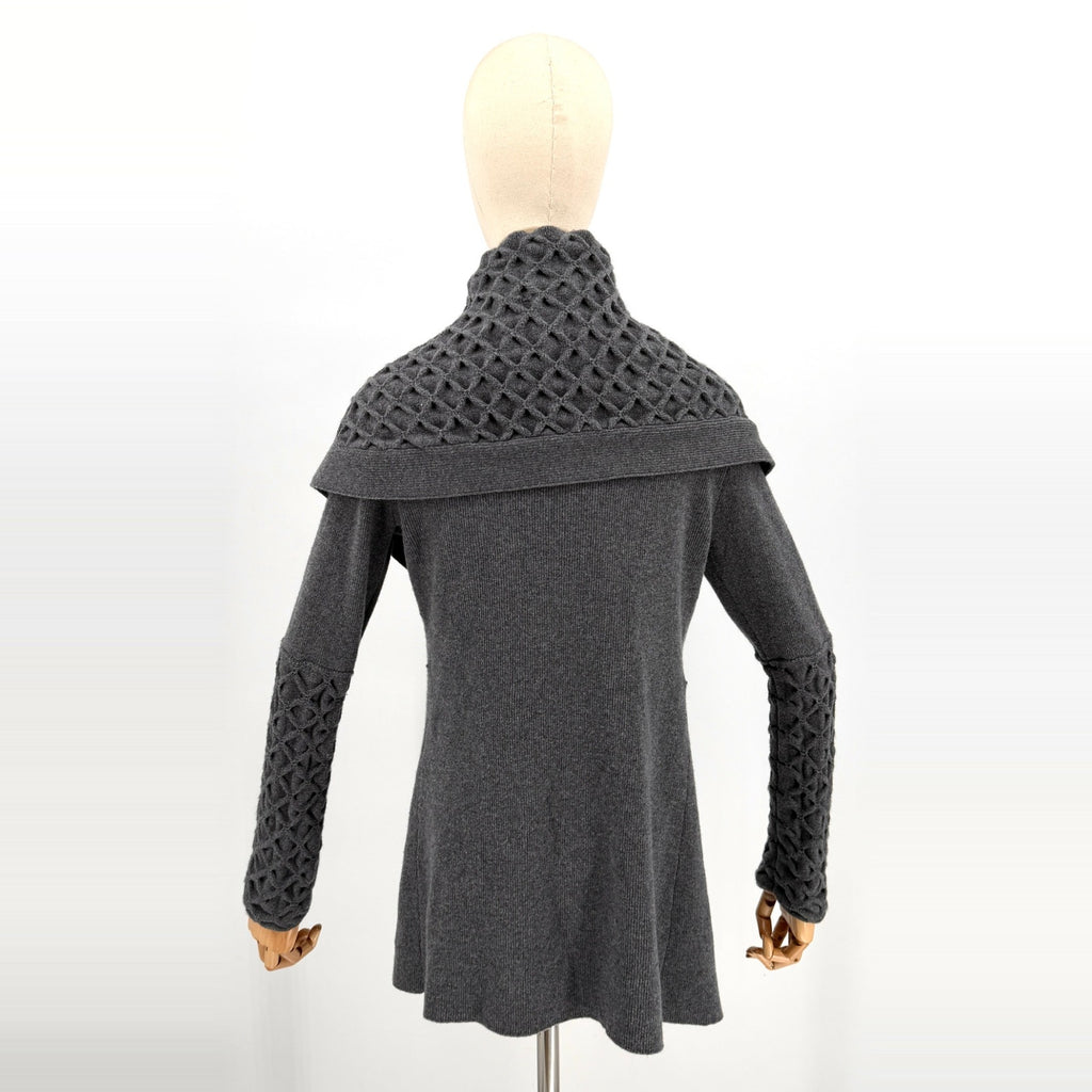 Aqua Gray Cashmere Wool Lattice Detail Shawl Collar Open Cardigan