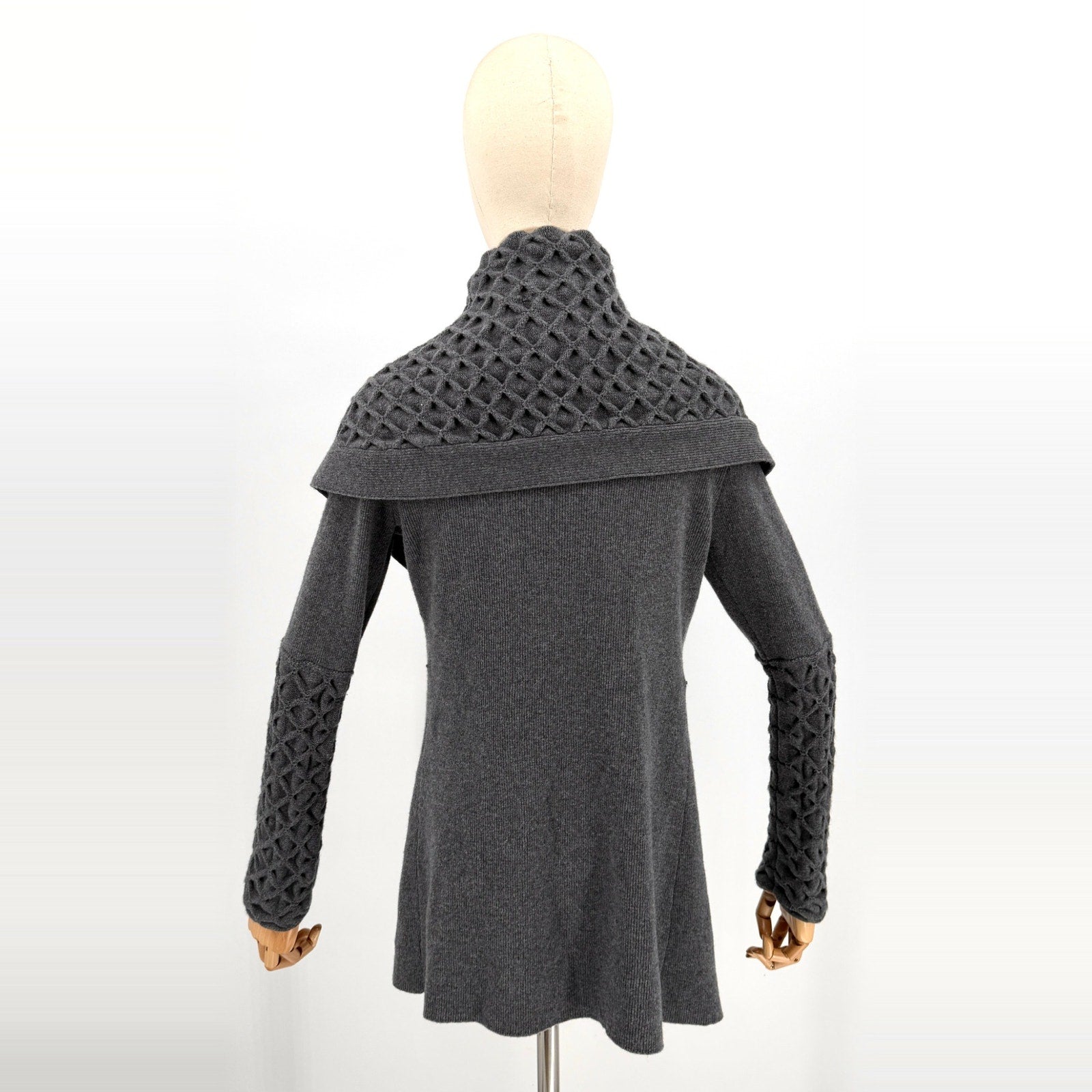 Aqua Gray Cashmere Wool Lattice Detail Shawl Collar Open Cardigan