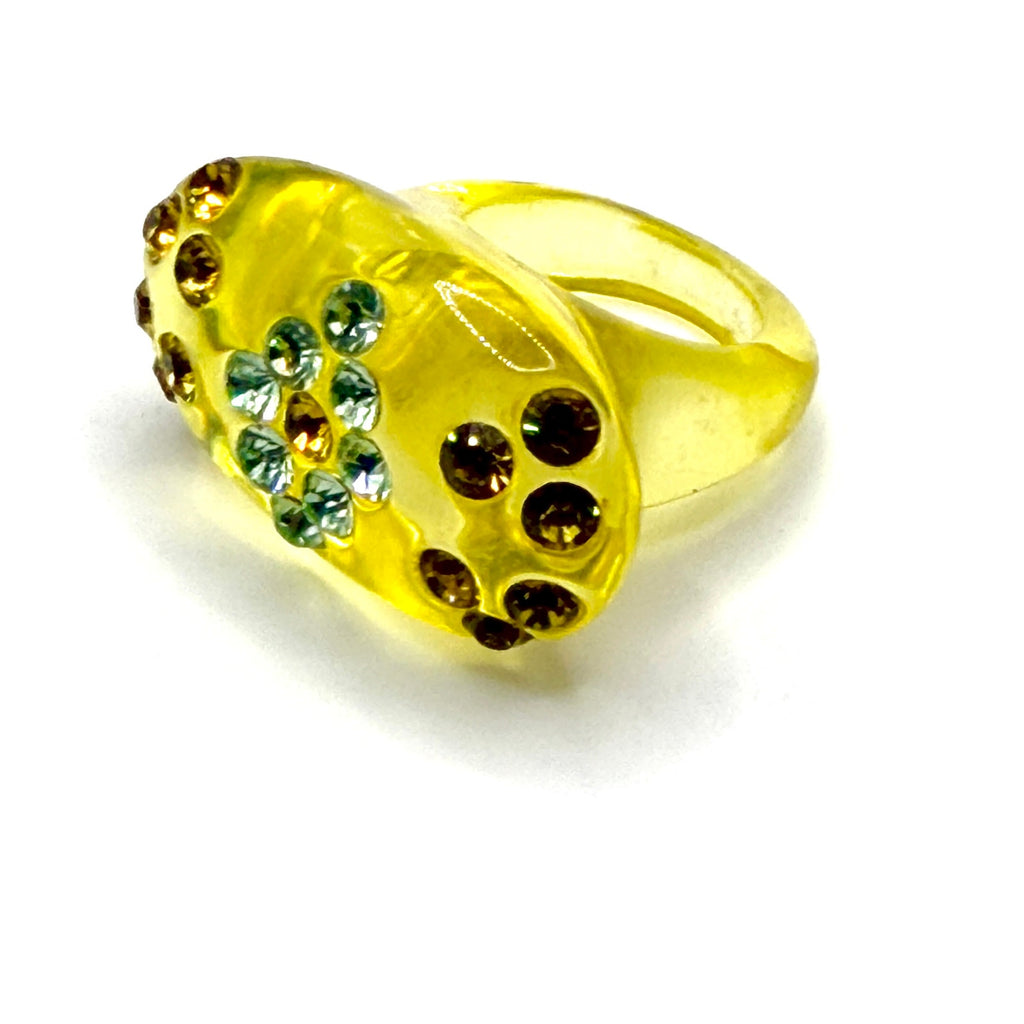 Vintage Y2K Yellow Resin Rhinestone Flower Chunky Dome Ring