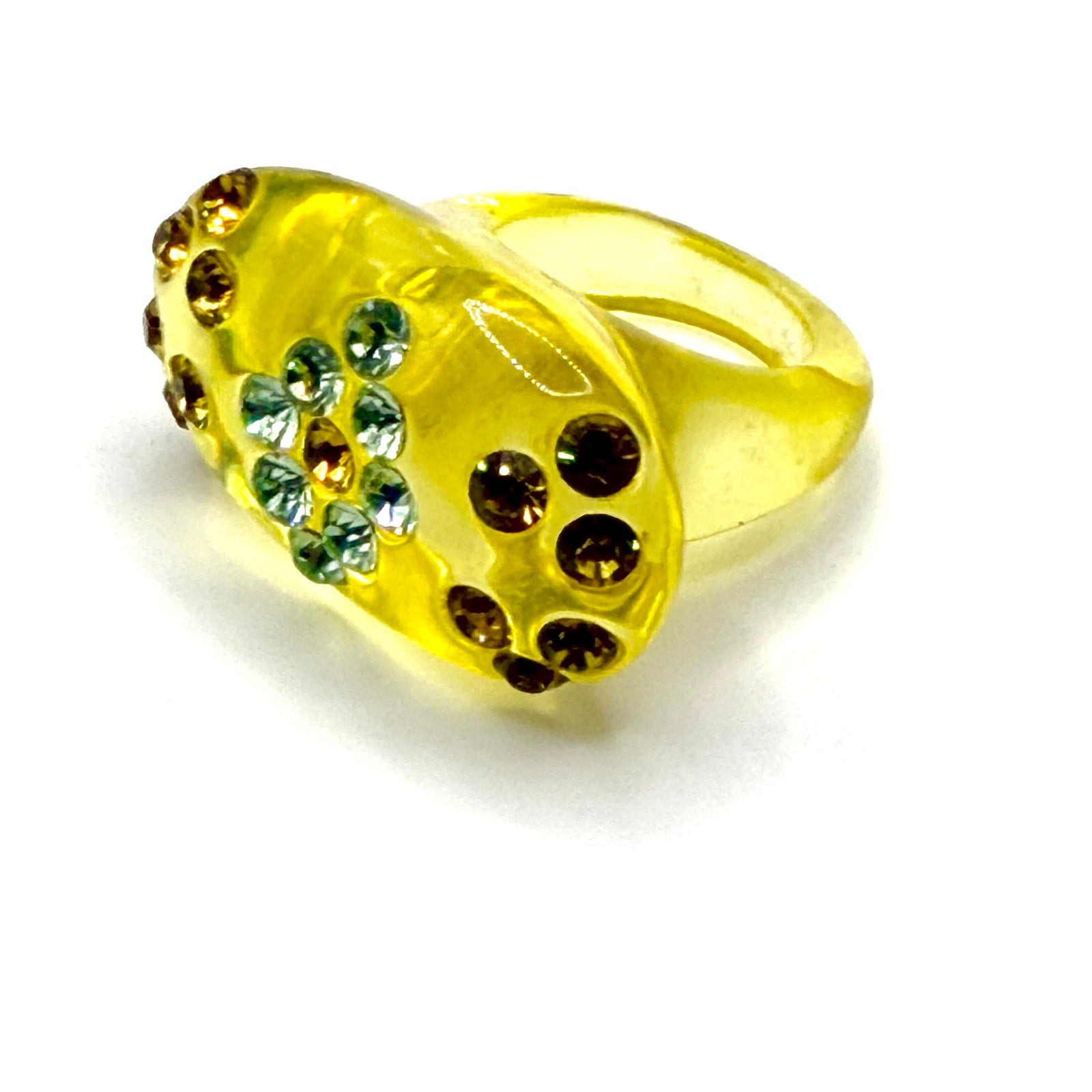 Vintage Y2K Yellow Resin Rhinestone Flower Chunky Dome Ring
