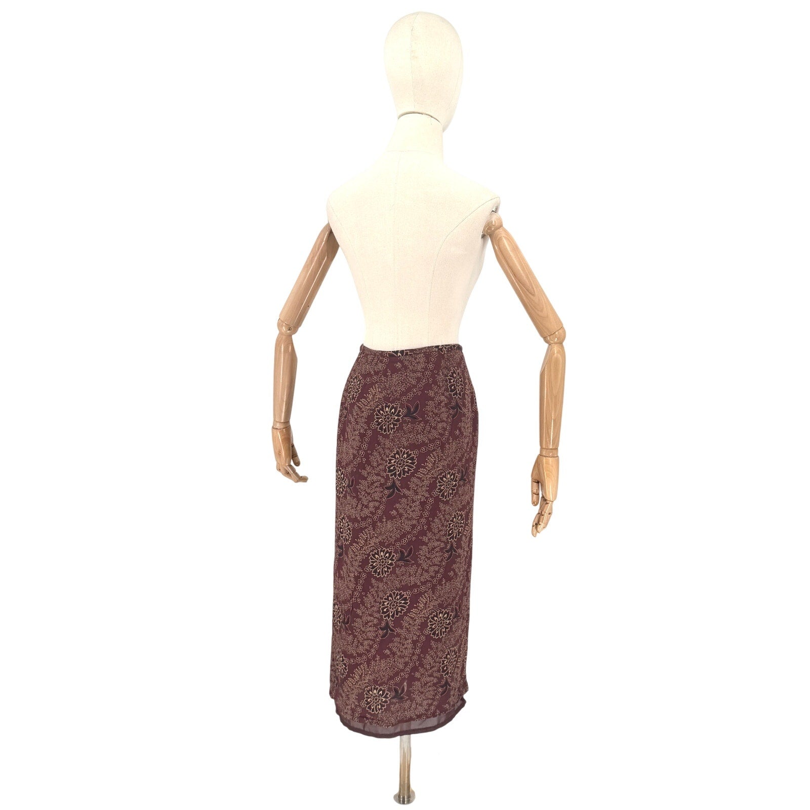 Vintage 90s Ann Taylor Maroon Tan Floral Rayon Boho Wrap Maxi Skirt