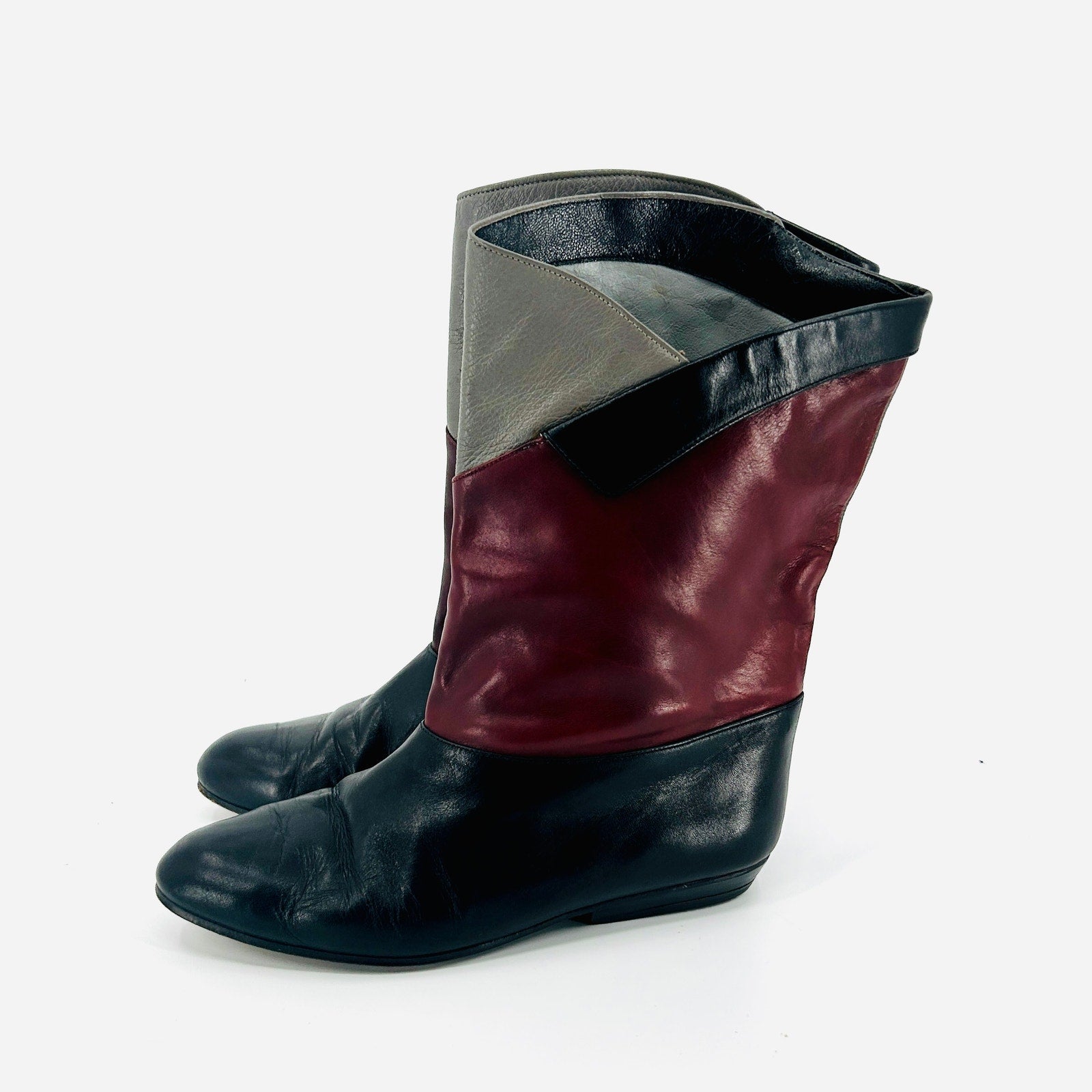 Vintage 80s Colorblock Burgundy Gray Black Leather Mid-Calf Boots