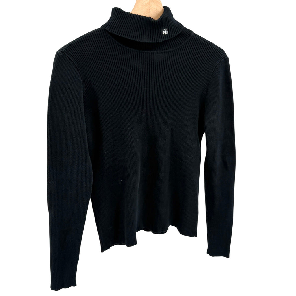 Vintage 90s Ralph Lauren Black 100% Cotton Ribbed Minimalist Turtleneck
