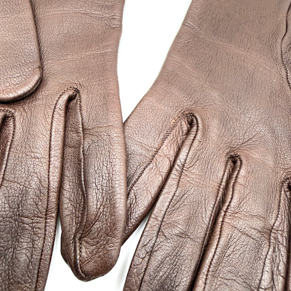 Vintage 70s Brown Genuine Leather Beige Cuff Trim Gloves