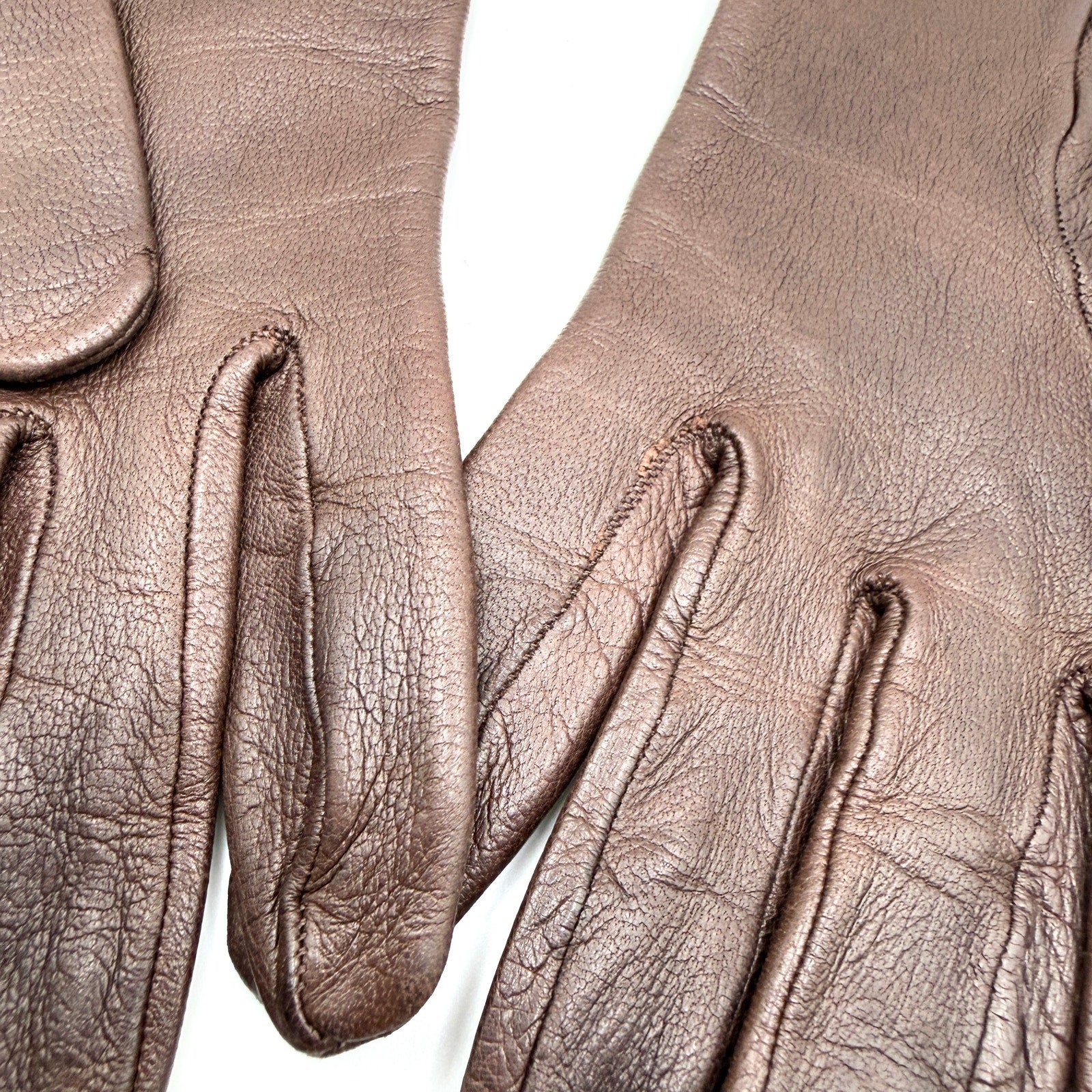 Vintage 70s Brown Genuine Leather Beige Cuff Trim Gloves