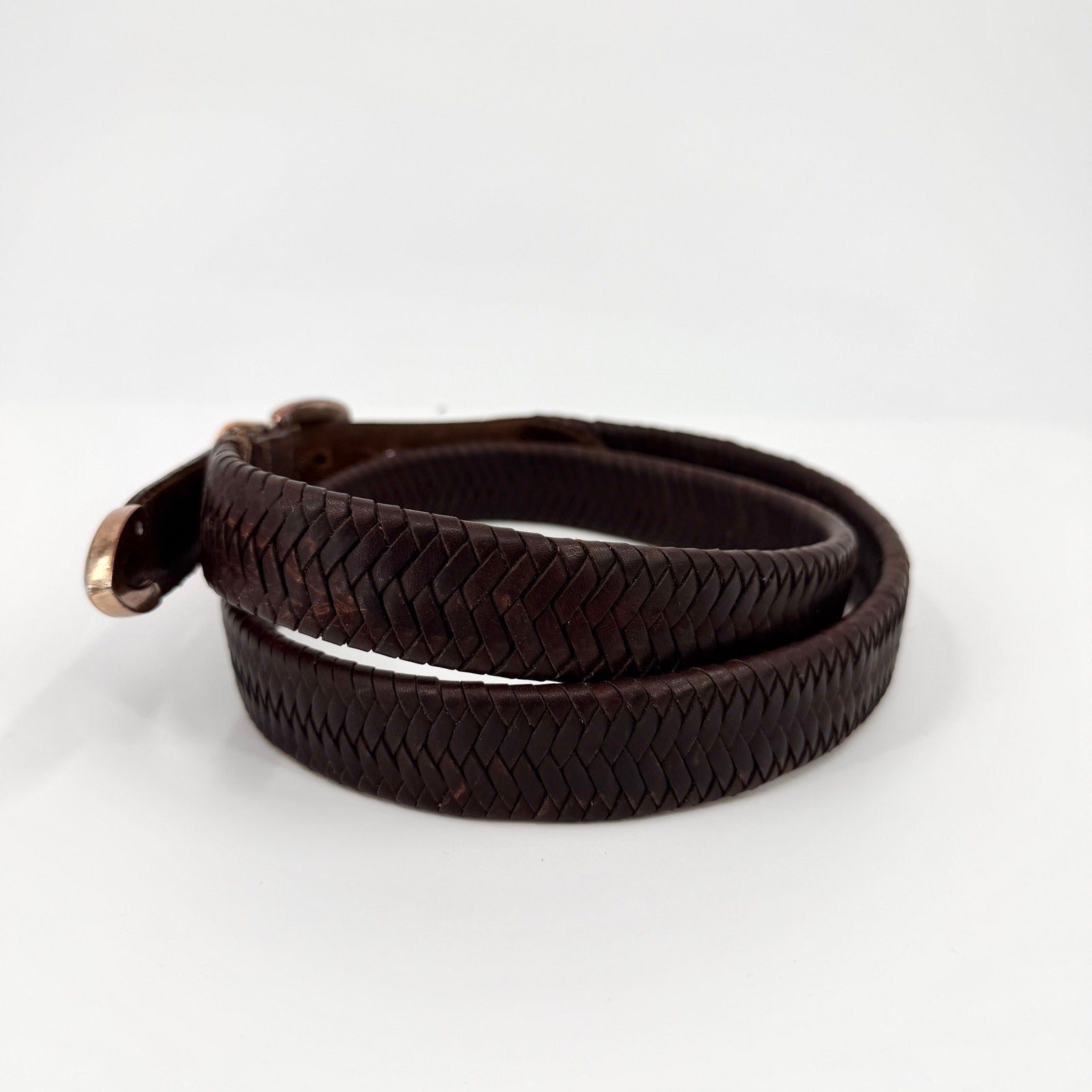 Vintage 90s Brown Genuine Leather Western Woven Silver Tip Belt