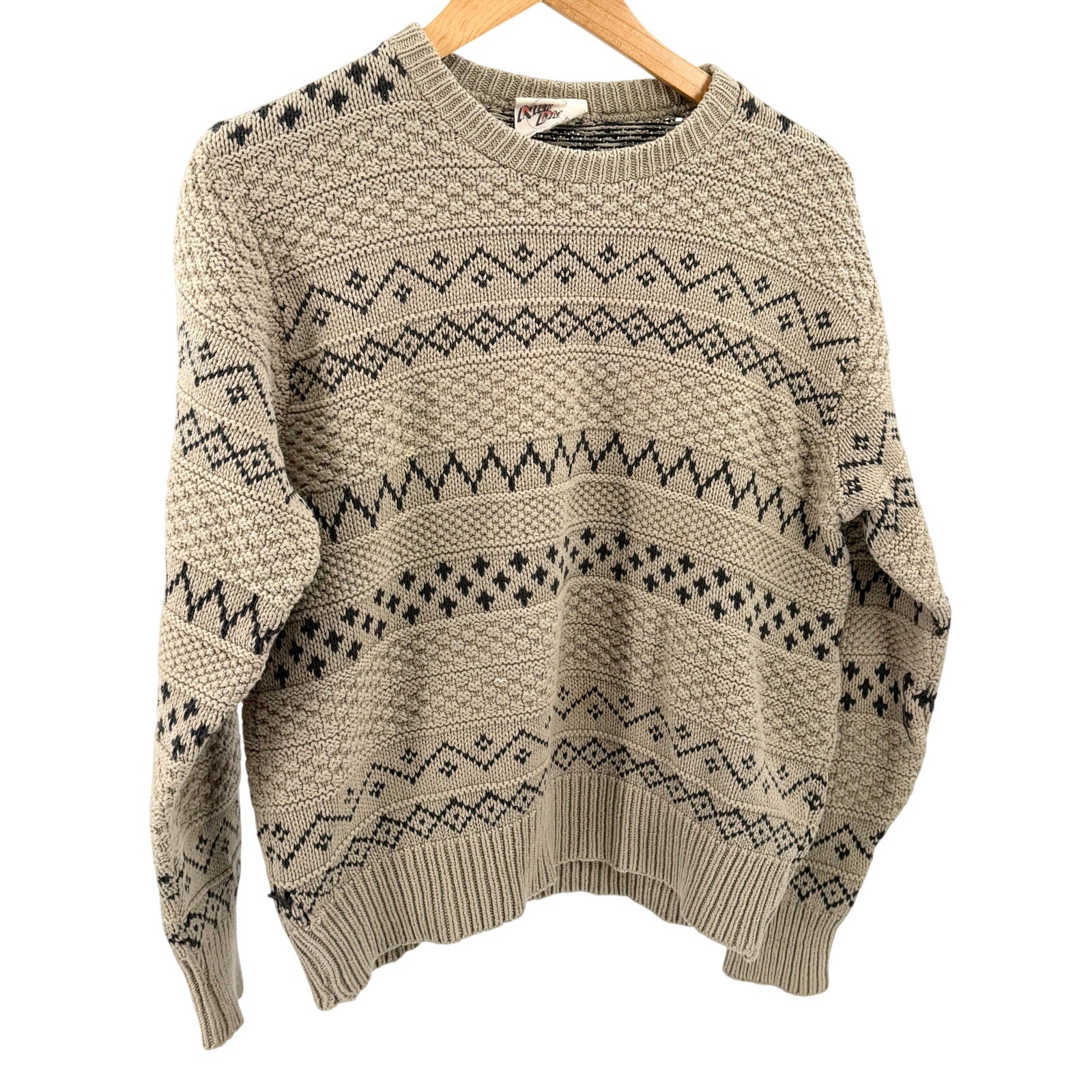 Vintage 90s Nick Danger Beige Black 100% Cotton Fair Isle Crewneck Knit Sweater