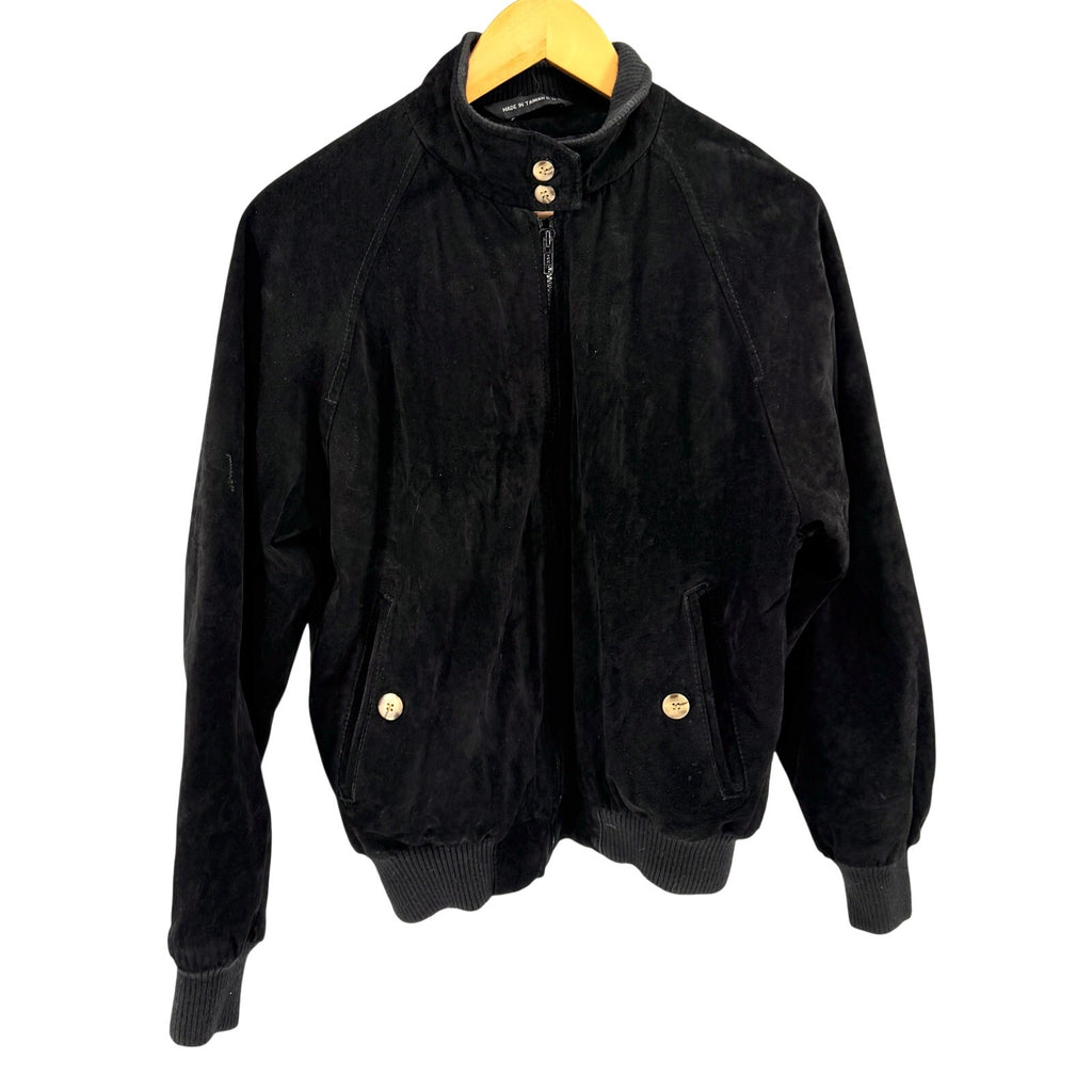 Vintage 80s Authentic Imports Genuine Leather Black Suede Preppy Bomber Jacket