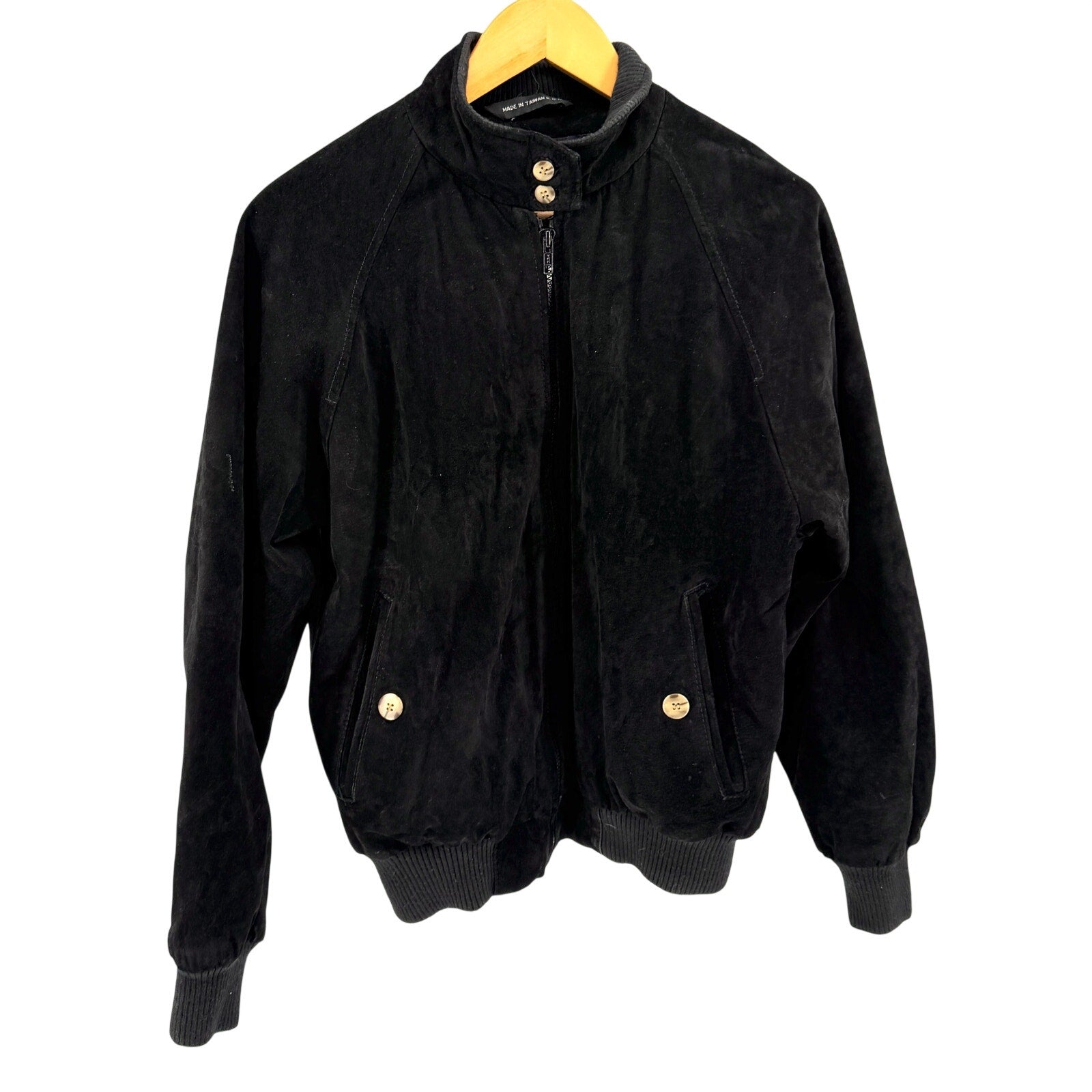 Vintage 80s Authentic Imports Genuine Leather Black Suede Preppy Bomber Jacket