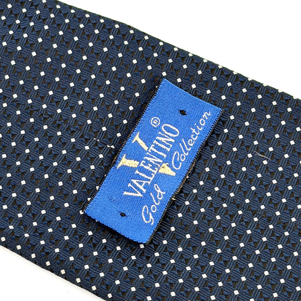 Vintage 90s Valentino Blue White Polkadot Geometric Traditional Necktie