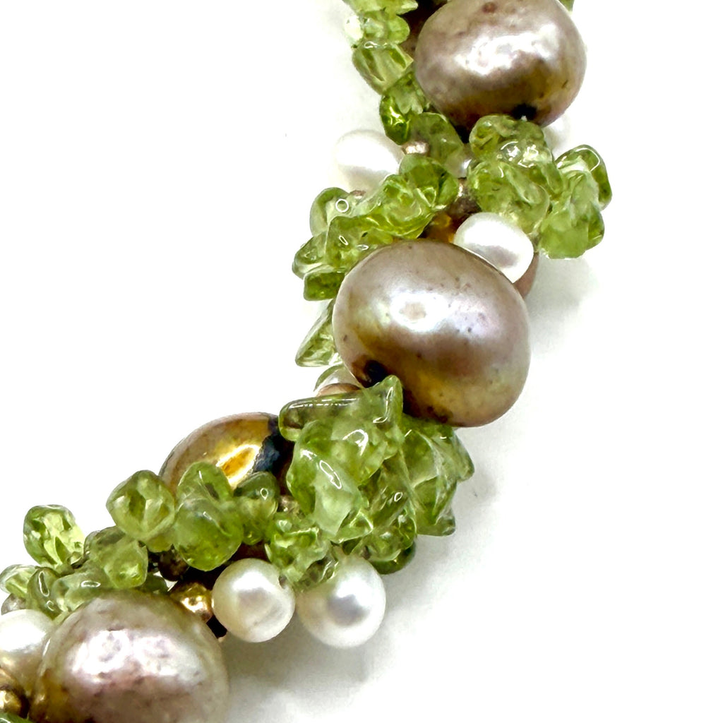 Vintage 90s Green Peridot Bronze Freshwater Pearl Cluster Necklace