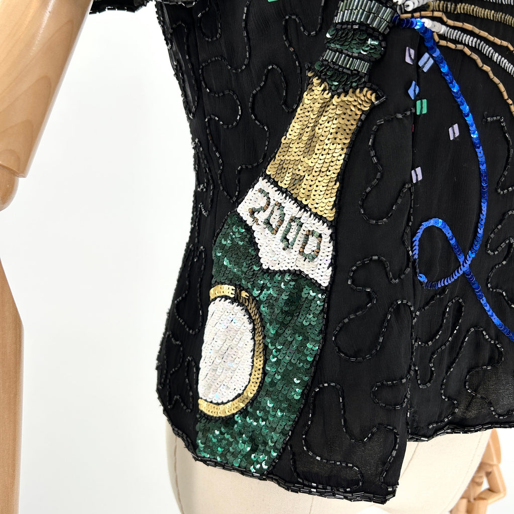 Vintage 90s Adrianna Papell Black 100% Silk Sequin Champagne NYE Top