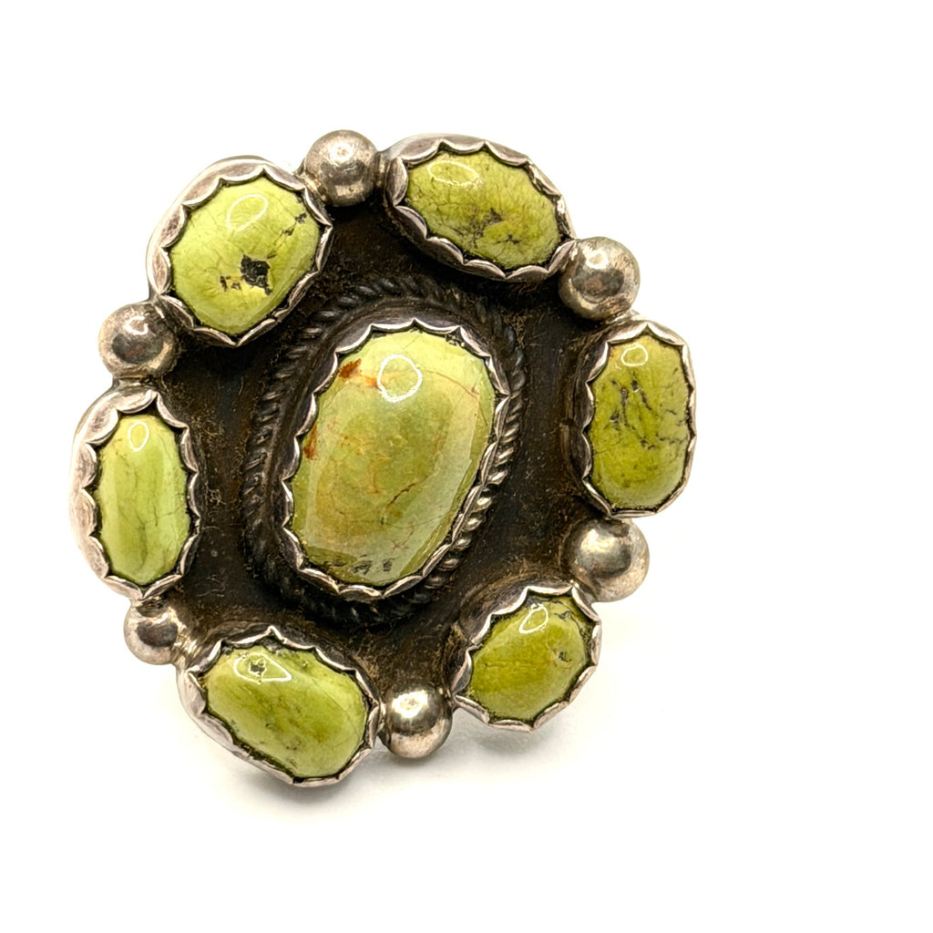 Vintage 90s Lime Green Gaspeite Sterling Silver Southwestern Cluster Ring