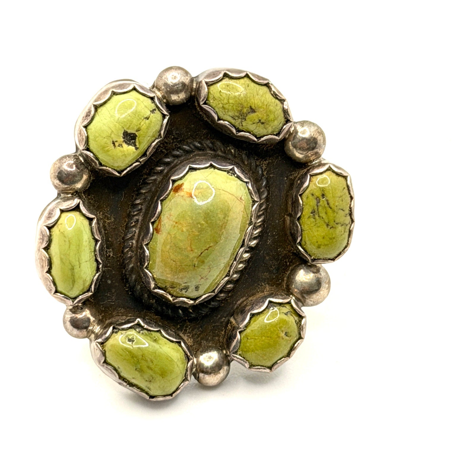 Vintage 90s Lime Green Gaspeite Sterling Silver Southwestern Cluster Ring