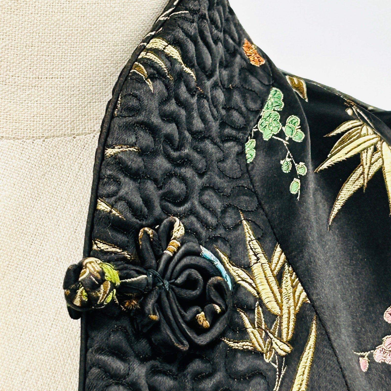 Vintage 80s Chinese Black Satin Gold Bamboo Embroidered Reversible Jacket