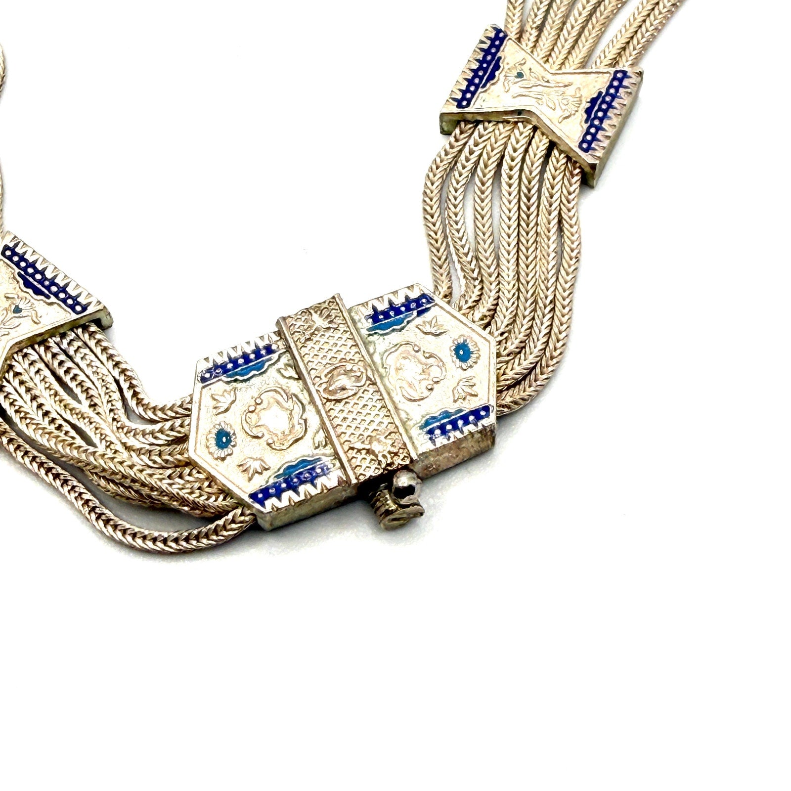 Vintage 60s Stamped Sterling Silver Turkish Trabzon Enamel Multi Strand Necklace