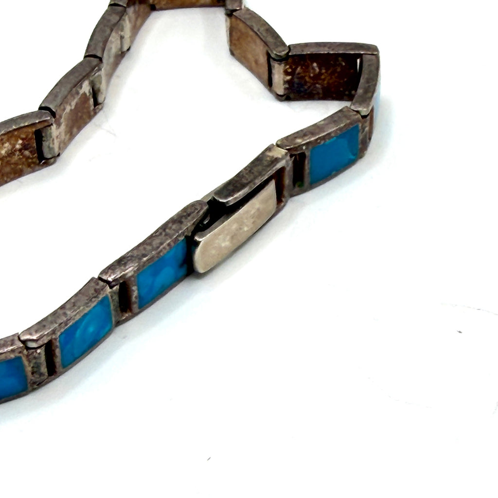 Vintage 90s Turquoise Sterling Silver Stamped Inlay Tennis Bracelet