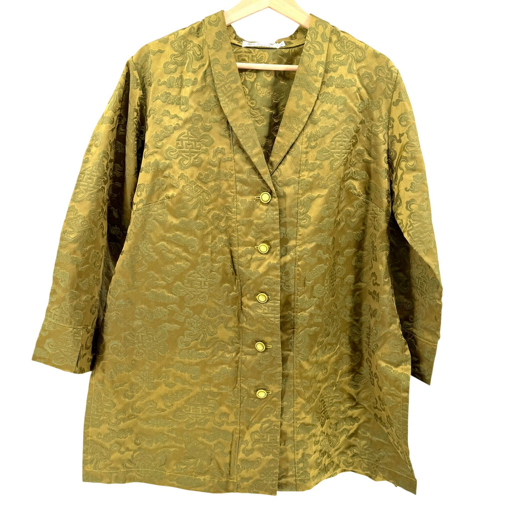 Olive Green Silk Blend Satin Brocade Longline Tunic Jacket