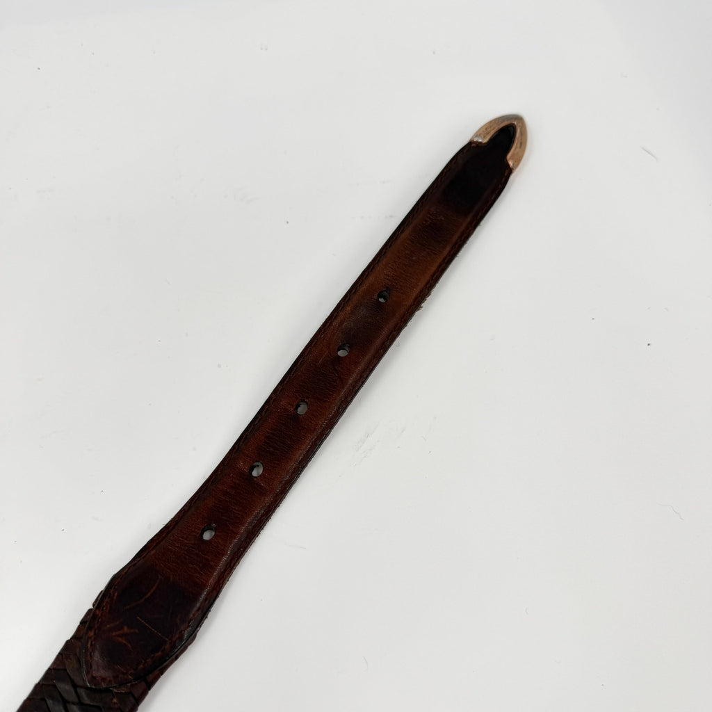 Vintage 90s Brown Genuine Leather Western Woven Silver Tip Belt