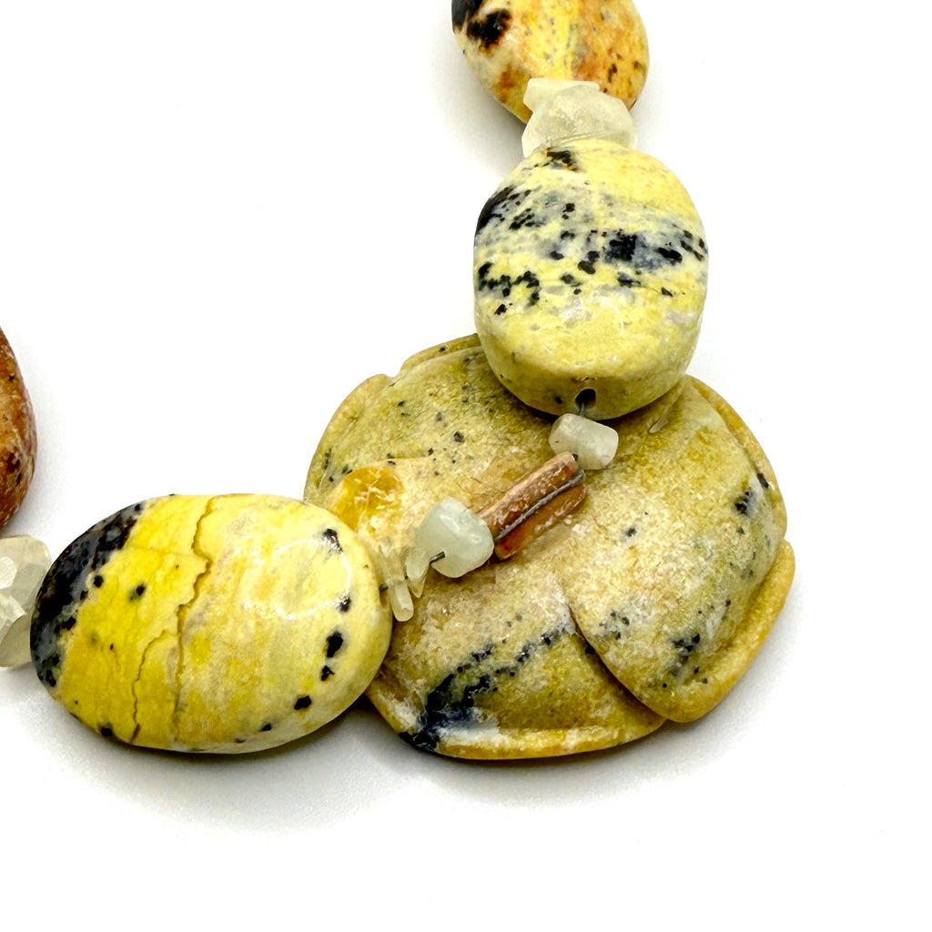 Vintage 90s Yellow Carved Stone Rose Jasper Beaded Boho Chunky Toggle Necklace